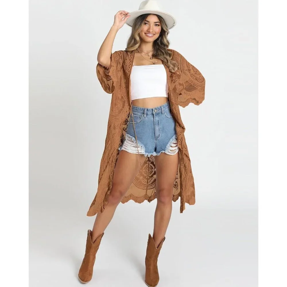 🆕Women Brown Mesh Open Front Cardigan Swimsuit Cover Up Beach Bathing Suit - Picture 4 of 6